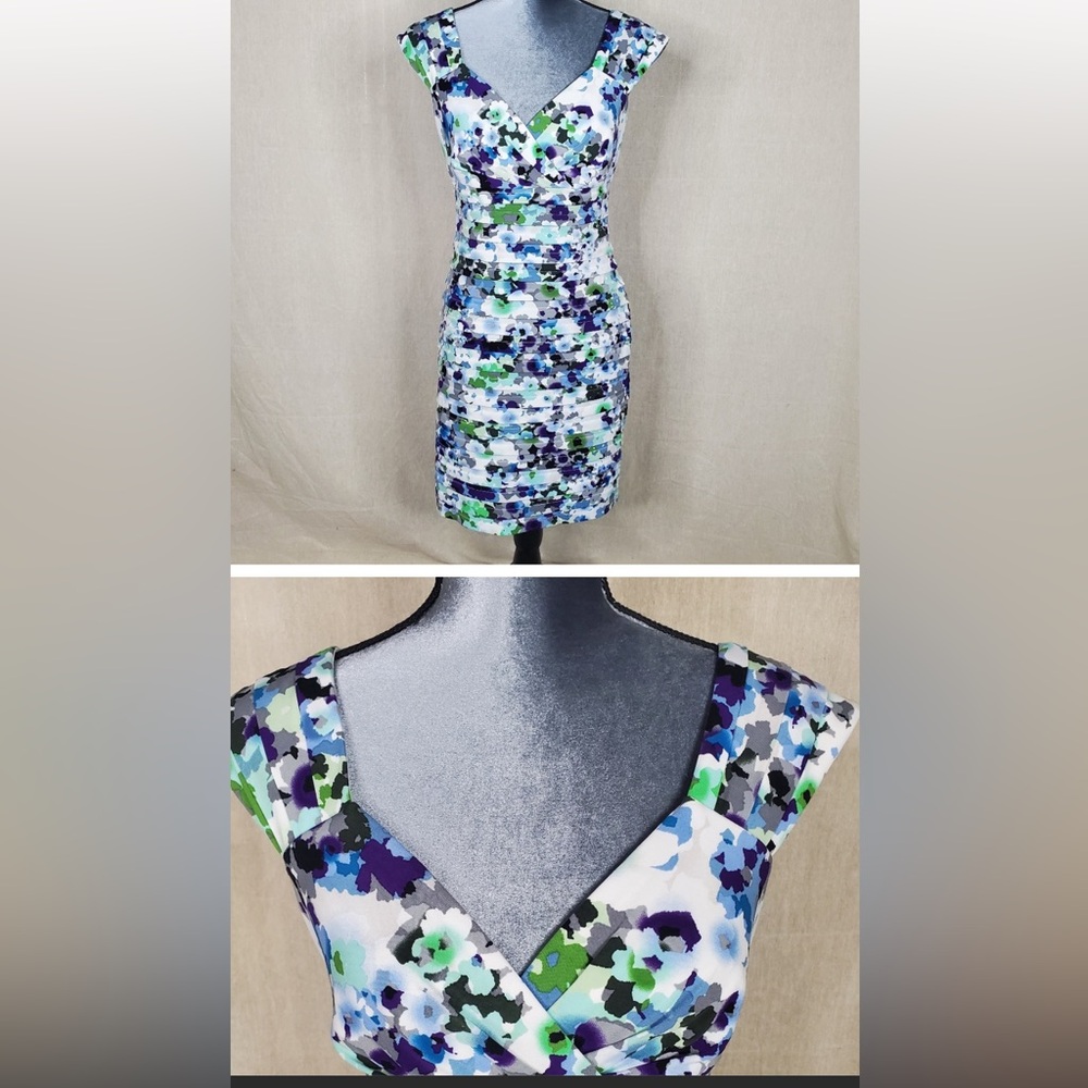 London Times Floral Ruffle V Neck Cap Sleeve Dress, EUC, Size 8